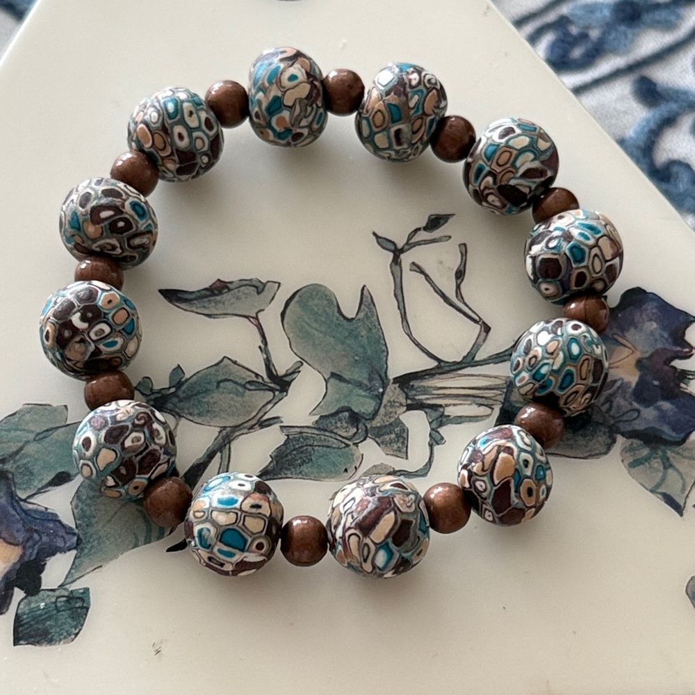 Unique fimo clay stretchy Beaded Bracelet Blue and Brown pink turquoise